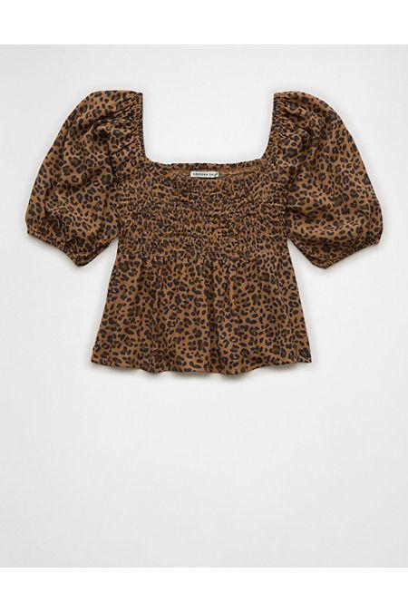 AE Leopard Smocked Puff Sleeve Babydoll Top Womens Product Image