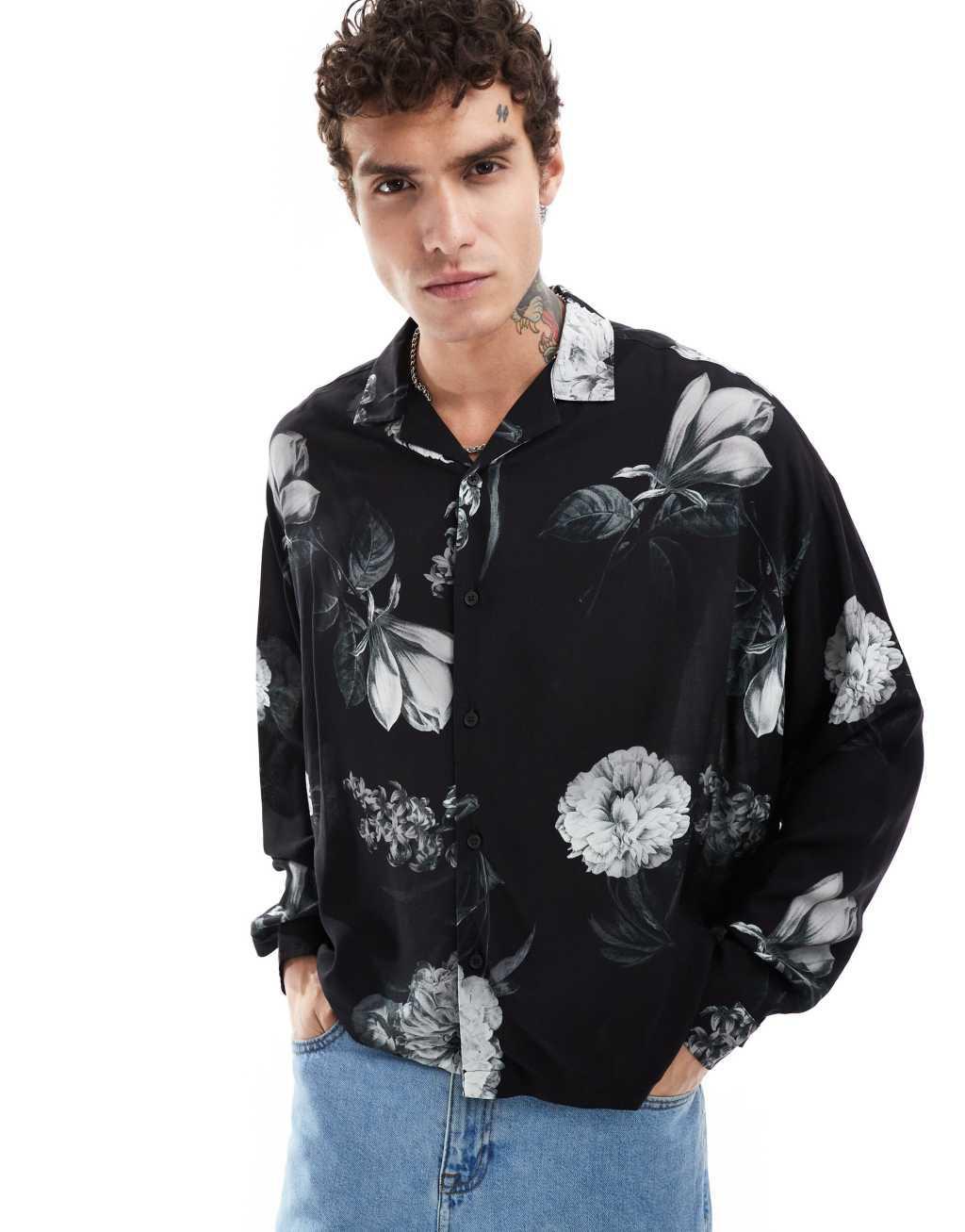 ASOS DESIGN boxy oversized shirt with floral print in black  Product Image