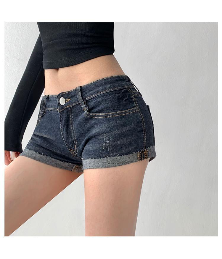 Low Rise Washed Roll Up Hem Denim Shorts Product Image