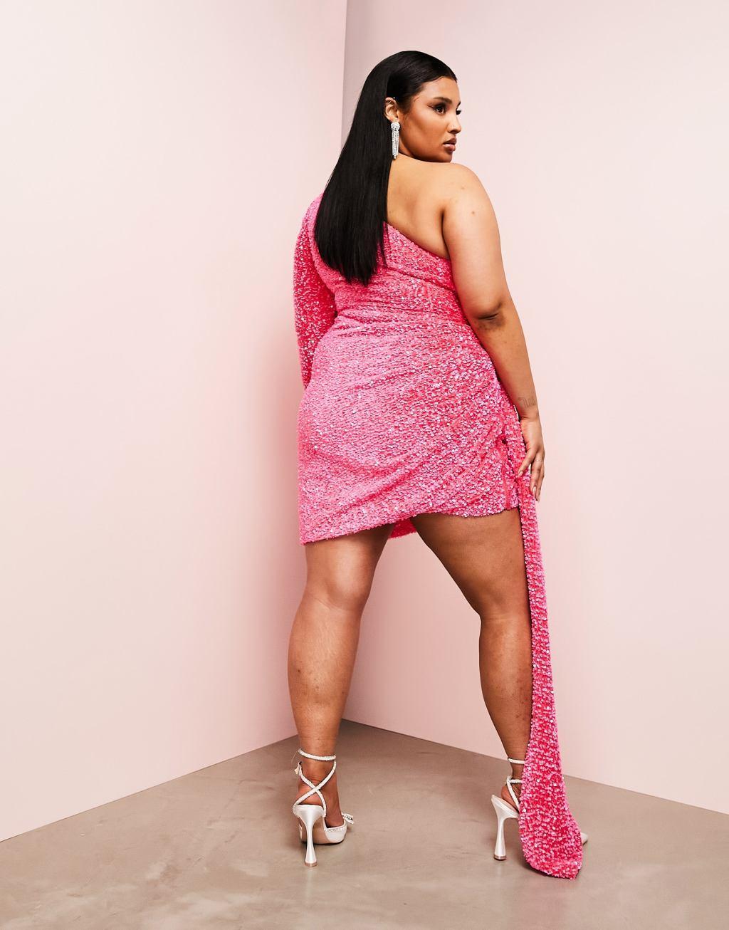 ASOS LUXE Curve one shoulder asymmetric draped mini dress in pink sequin Product Image