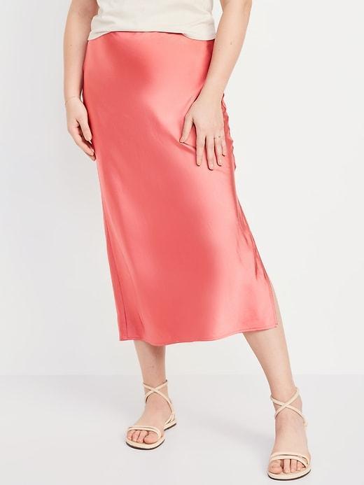 High-Waisted Satin Midi Slip Skirt Product Image