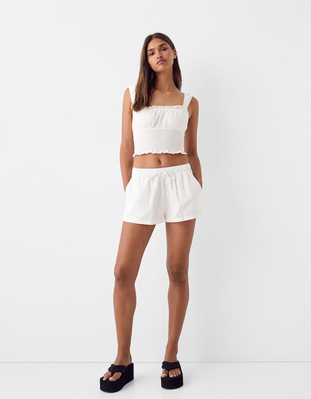 Bershka linen look tie waist shorts in white Product Image