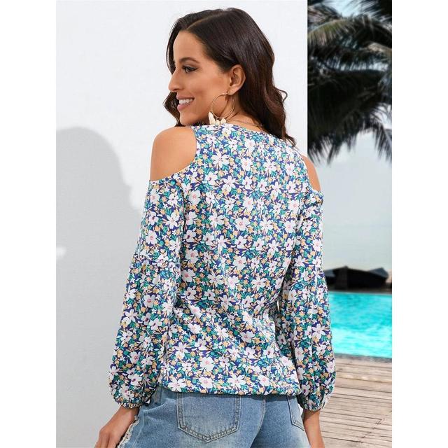 Womens Summer Tops Cold Shoulder Blouse Front Tie V Neck Tops Casual Boho Floral Tunic Blouse, Summer Beachwear, Vacation Outfits - Blue-Green ,2XL Product Image