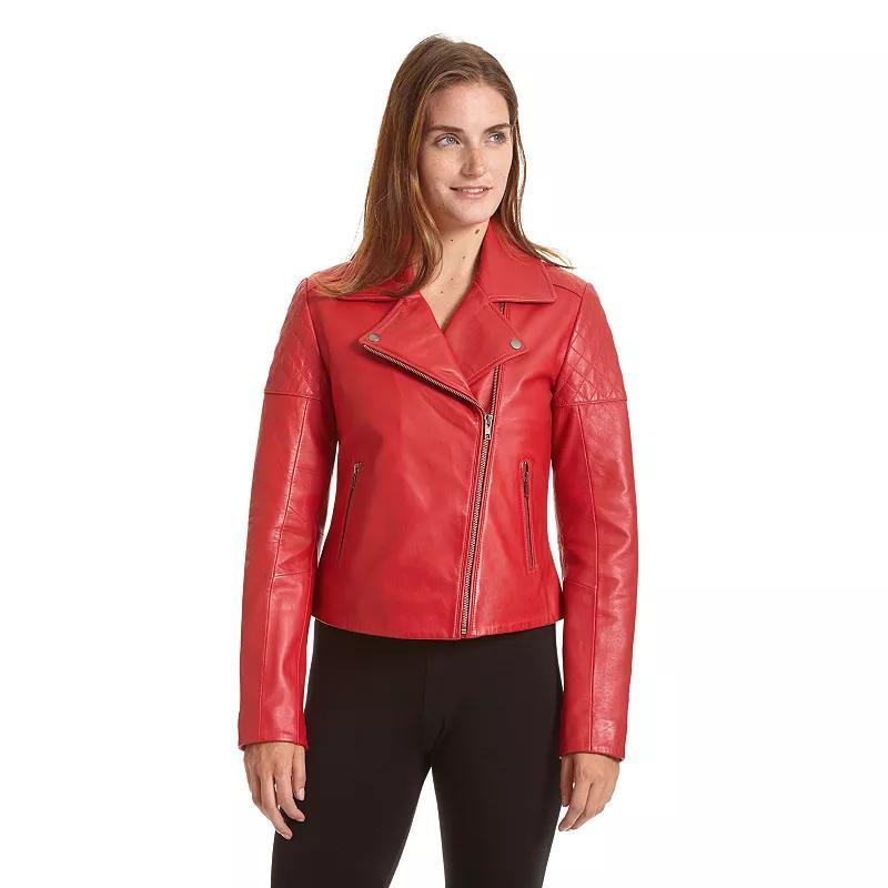 Womens Excelled Asymmetrical Leather Motorcycle Jacket Red Product Image