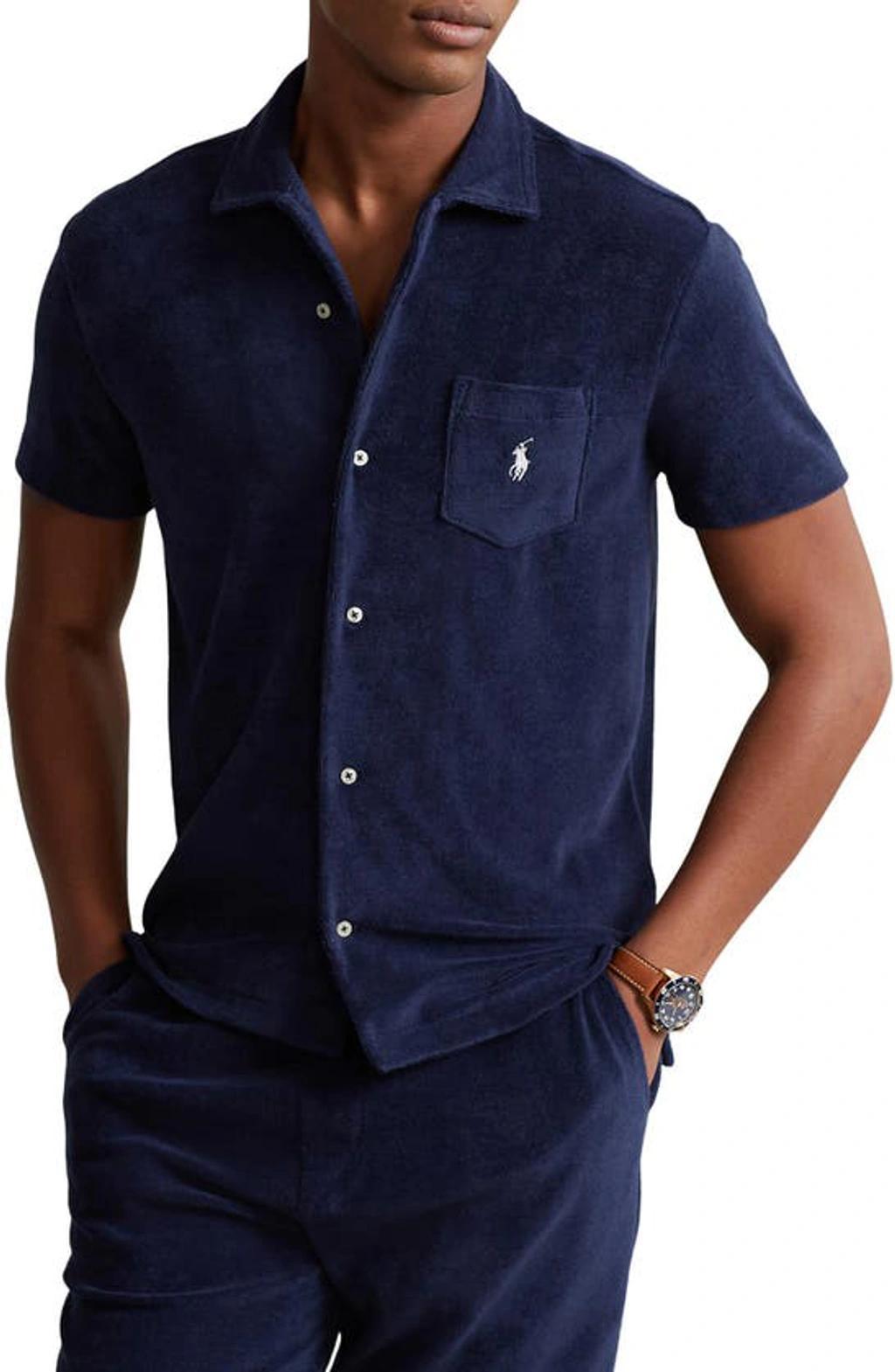 Camp-collar Logo-embroidered Cotton-terry Shirt In Navy Product Image