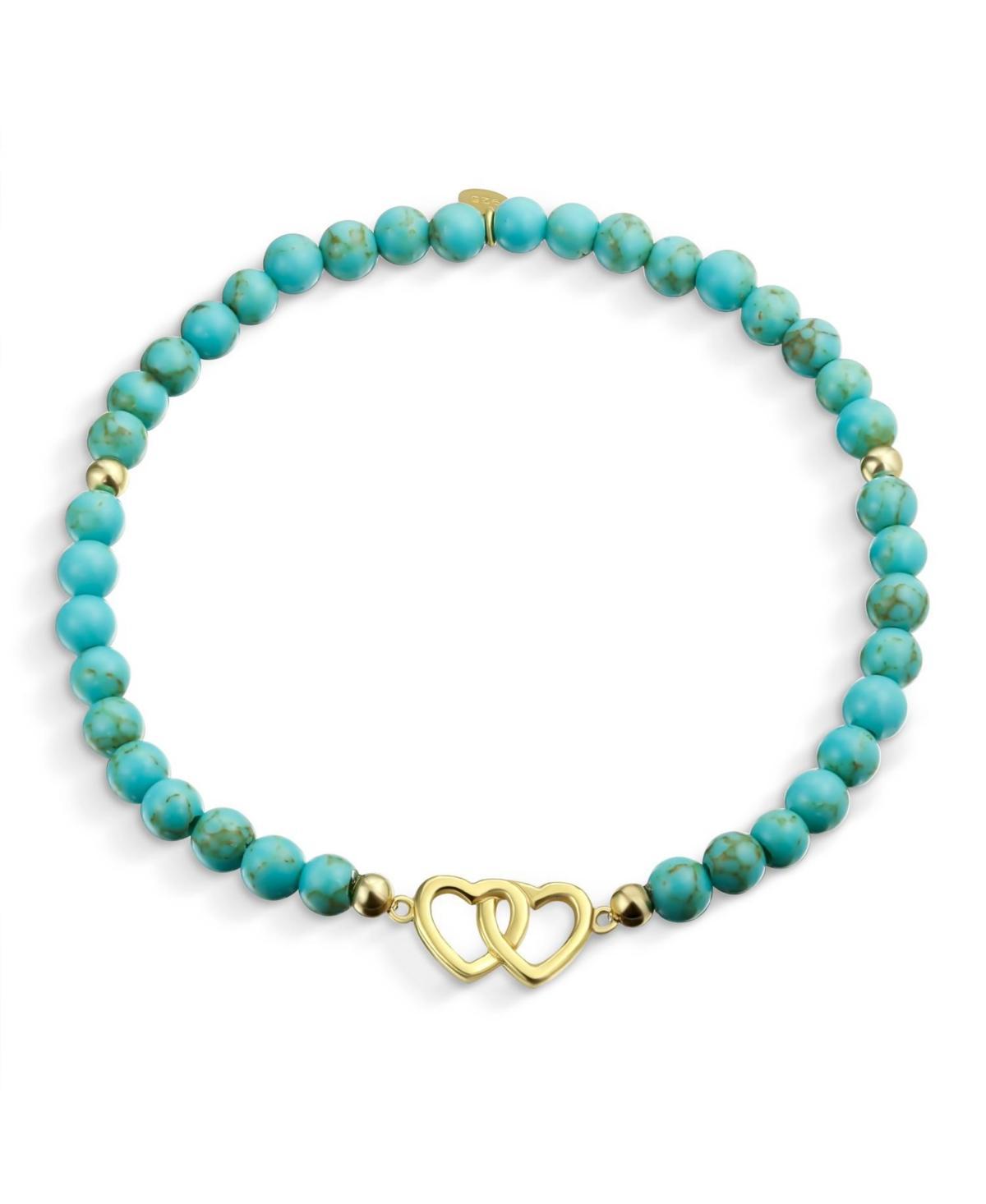 Bling Jewelry Interlocking Hearts Bff Compressed Turquoise Strand Bead Stretch Bracelet For Women Gold Plated Sterling Silver Product Image