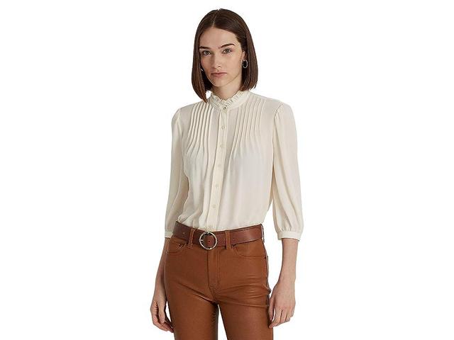 Lauren Ralph Lauren Georgette Ruffle Mandarin Collar Pintuck Detailing Blouson Sleeve Blouse Product Image