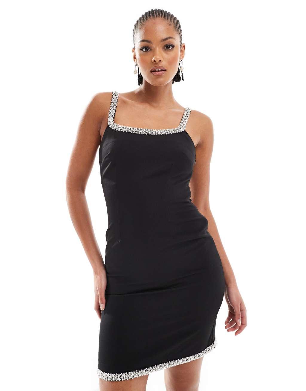 4th & Reckless Tall pearl trim tailored cami mini dress in black Product Image