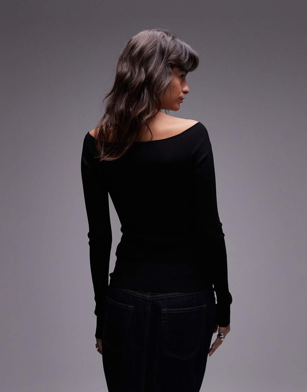 ARKET compact slinky compact knit top with off shoulder sweetheart neckline in black Product Image