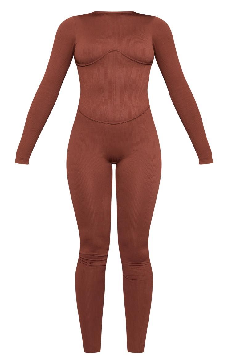 Chocolate Snatched Rib Long Sleeve Corset Detail Jumpsuit Product Image