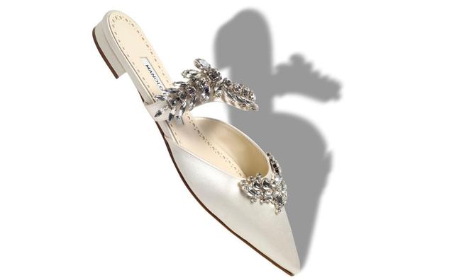 LURUMFLAT Light Cream Satin Crystal Embellished Flat Mules Product Image