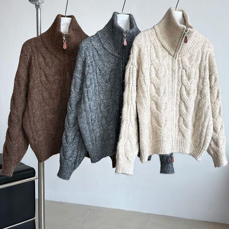 Drop Shoulder Plain Cable Knit Zip Up Cardigan Product Image