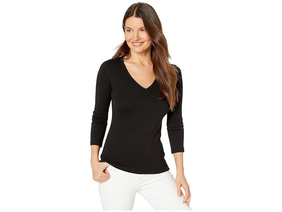 Lilla P 1x1 Rib 3/4 Sleeve V-Neck Top (Black) Women's Clothing Product Image