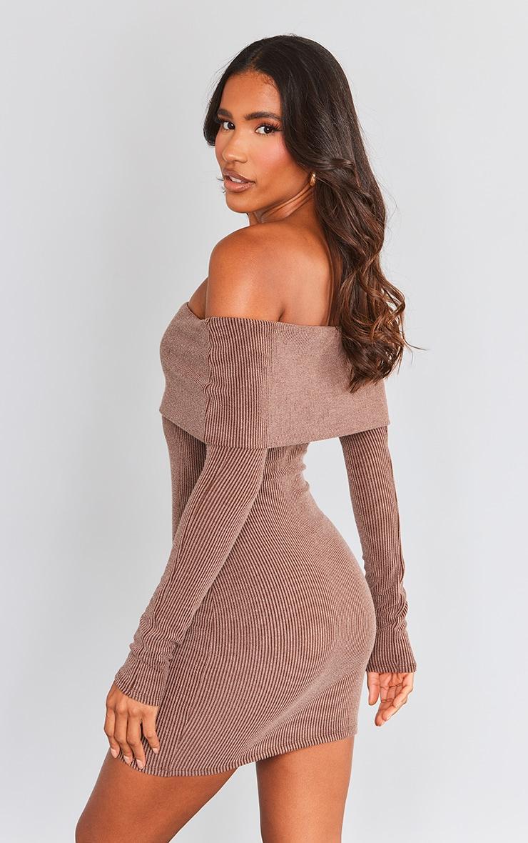 Chocolate Two Tone Rib Oversized Bardot Bodycon Dress Product Image