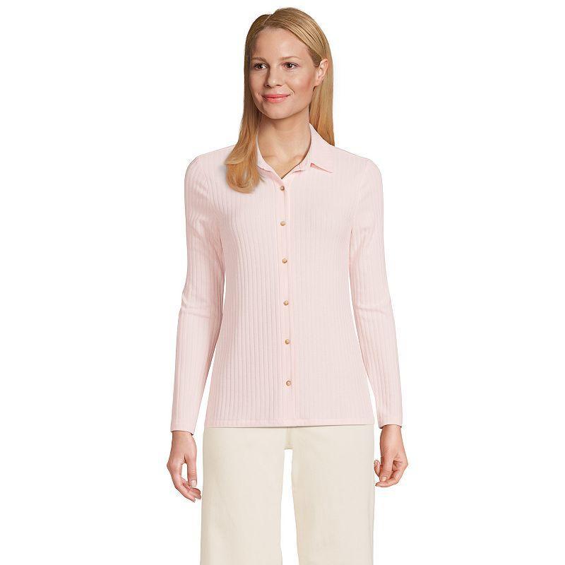 Womens Lands End Long-Sleeve Ribbed Button-Front Polo Top Product Image