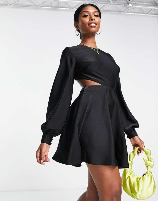 ASOS DESIGN bias cut satin mini dress with cut out waist detail in black Product Image