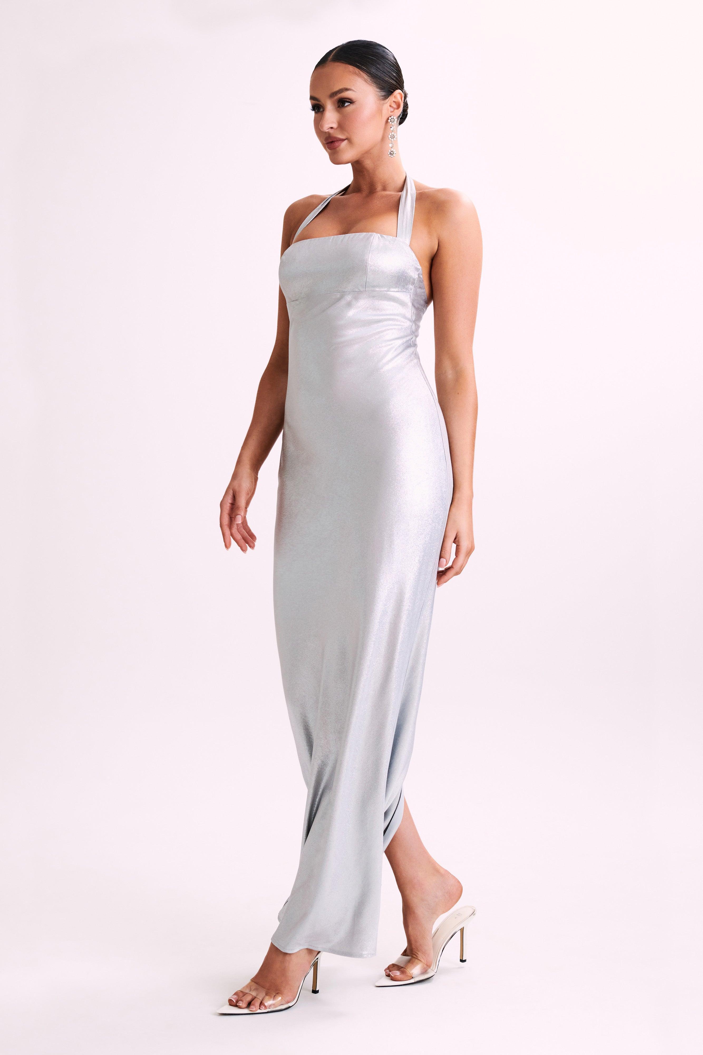 Sabra Satin Halter Maxi Dress - Silver Product Image