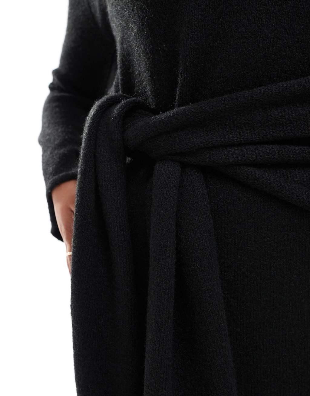 4th & Reckless Plus exclusive knitted drape tie waist midi sweater dress in black Product Image