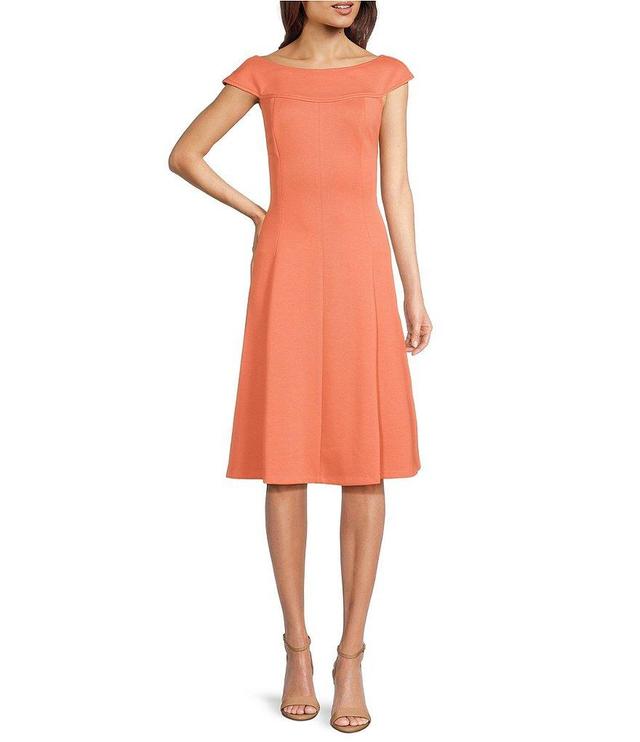 Donna Karan Pique Knit Sleeveless Boat Neck Pleated A-Line Dress Product Image