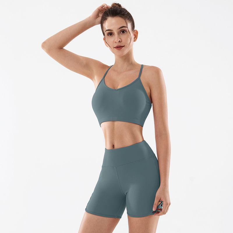 Set: Plain Sports Bra + High Waist Bike Shorts Product Image