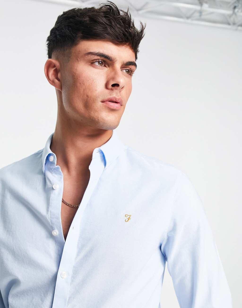 Farah Brewer slim fit long sleeve shirt in blue  Product Image