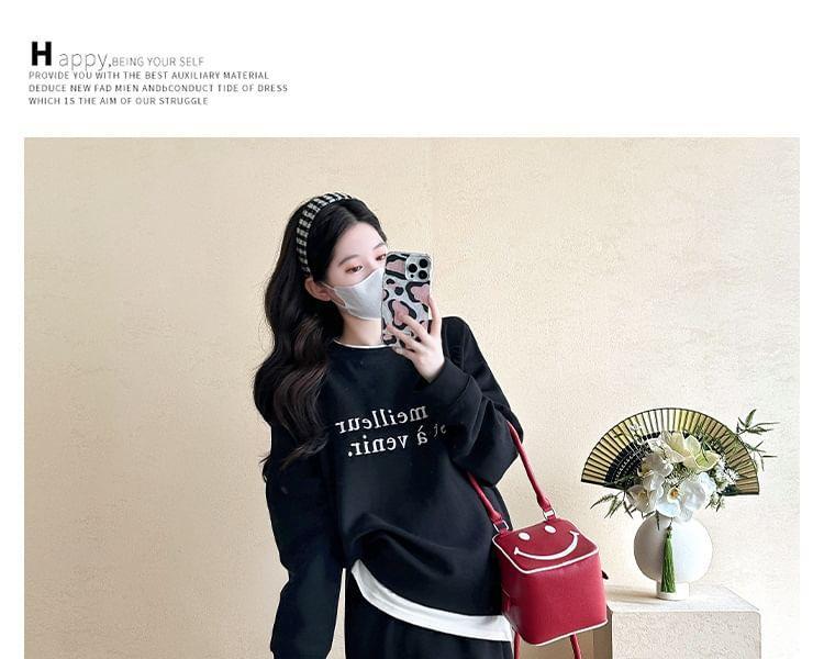 Maternity Set: Crew Neck Lettering Print Pullover + High Rise Plain Midi Straight Skirt Product Image