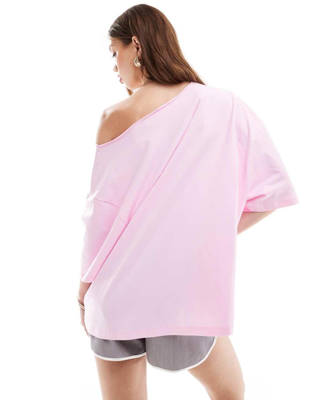 ASOS DESIGN relaxed off shoulder t-shirt in pink Product Image