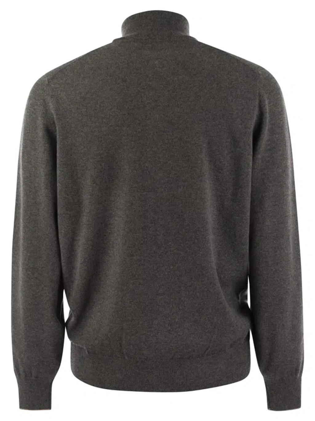 BRUNELLO CUCINELLI High-necked Cashmere Cardigan With Zip In Grey Product Image