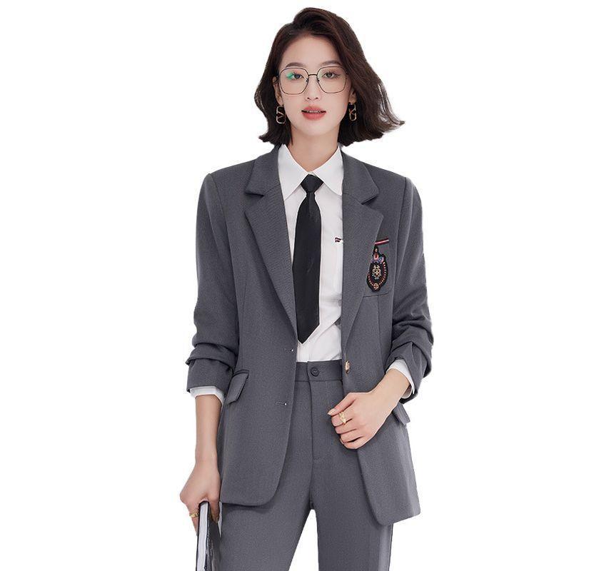 Patched Button-Up Blazer / Suit Pants / Shirt / Pencil Skirt / Set Product Image