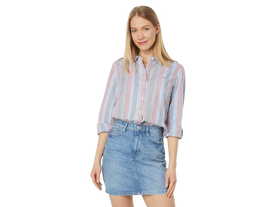 Tommy Hilfiger Roll Tab Stripe Shirt (Spinner Stripe/Navy ) Women's Clothing Product Image