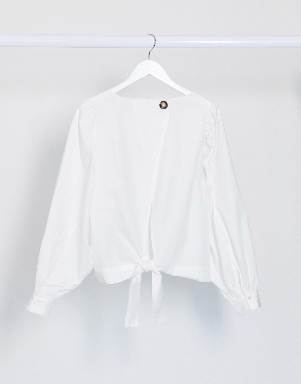 Vila poplin blouse with tie front and balloon sleeves in white product image