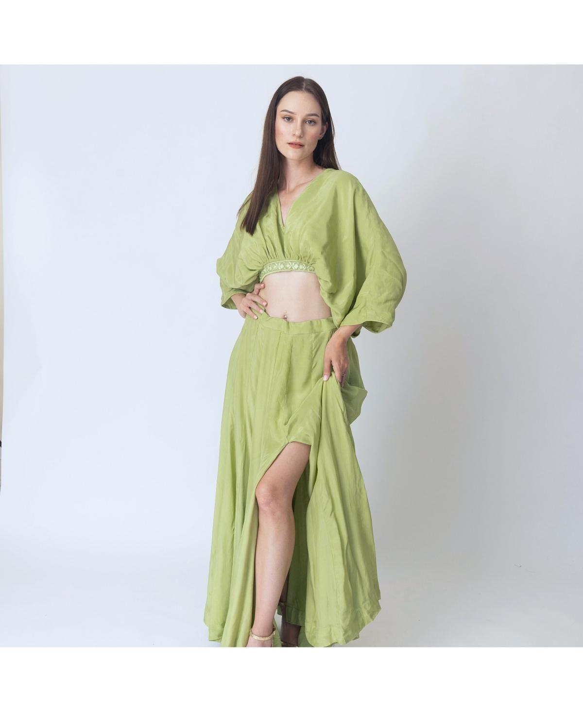 Raas Womens Green Silk Co-Ord Set with Flowing Skirt with Slit and Crop Top with Dolman Sleeves product image