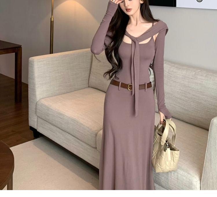 Set: Spaghetti Strap Scoop Neck Plain Knit Maxi A-Line Dress + Plain Cardigan Product Image