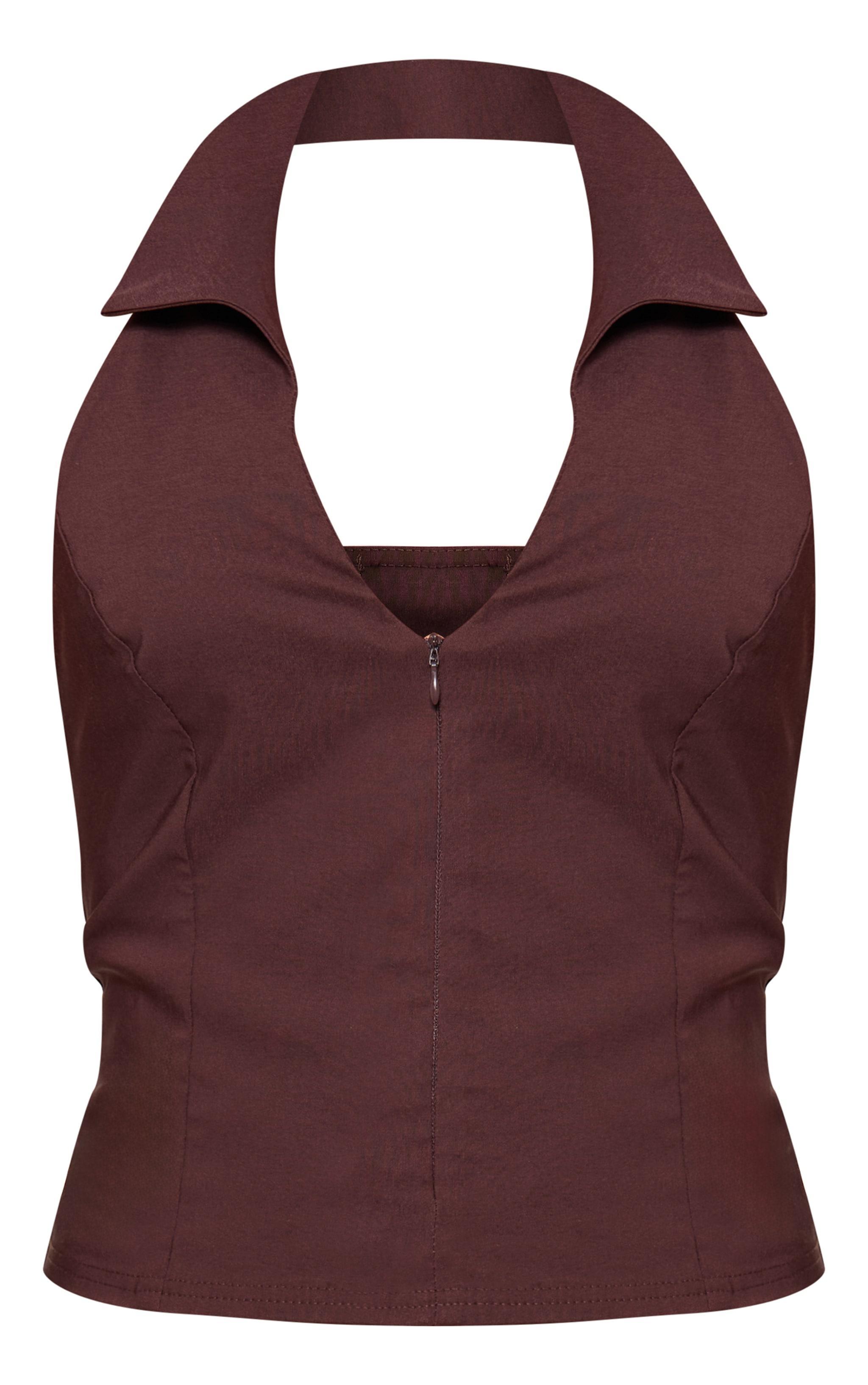 Chocolate Stretch Woven Zip Collar Detail Long Top Product Image