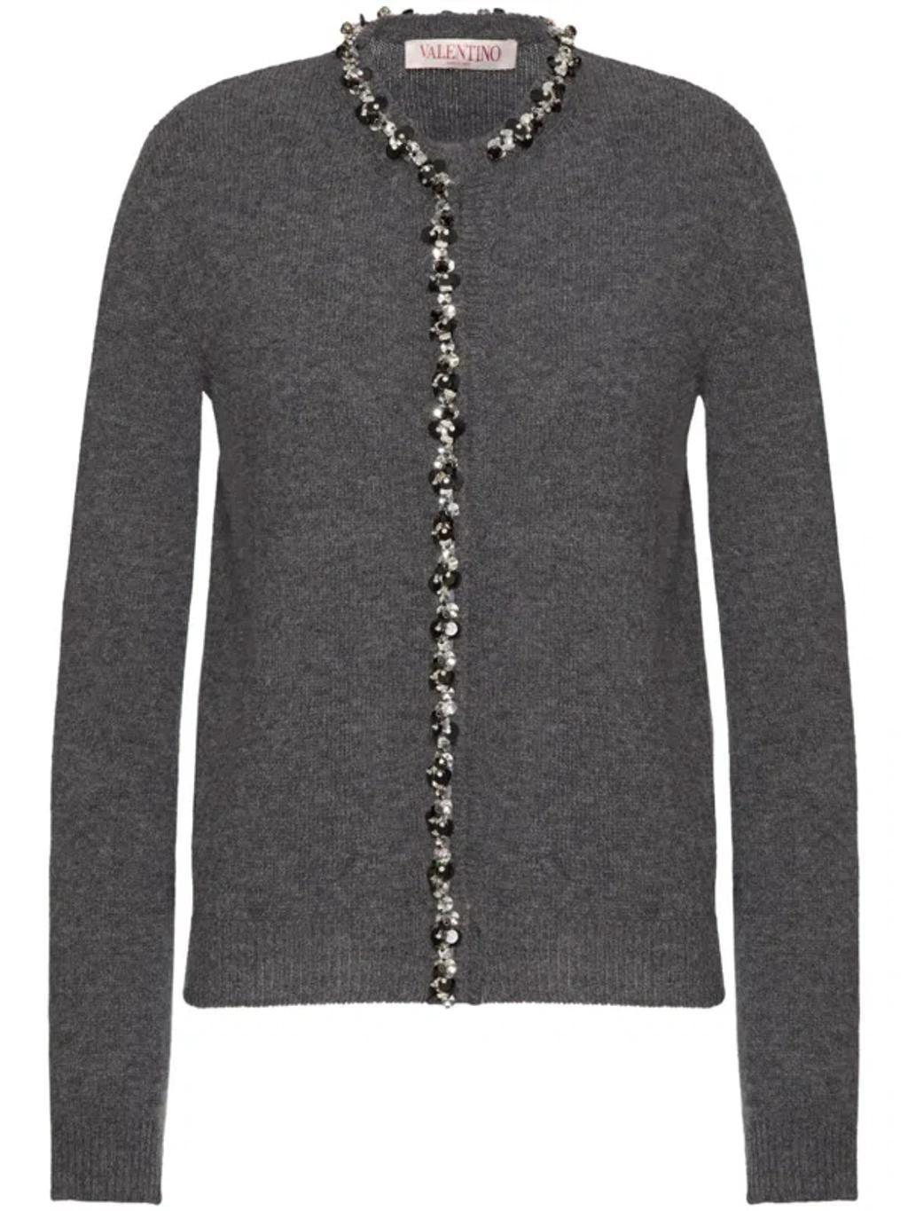 Wool Cardigan With Embroidered Trim In Grey Product Image