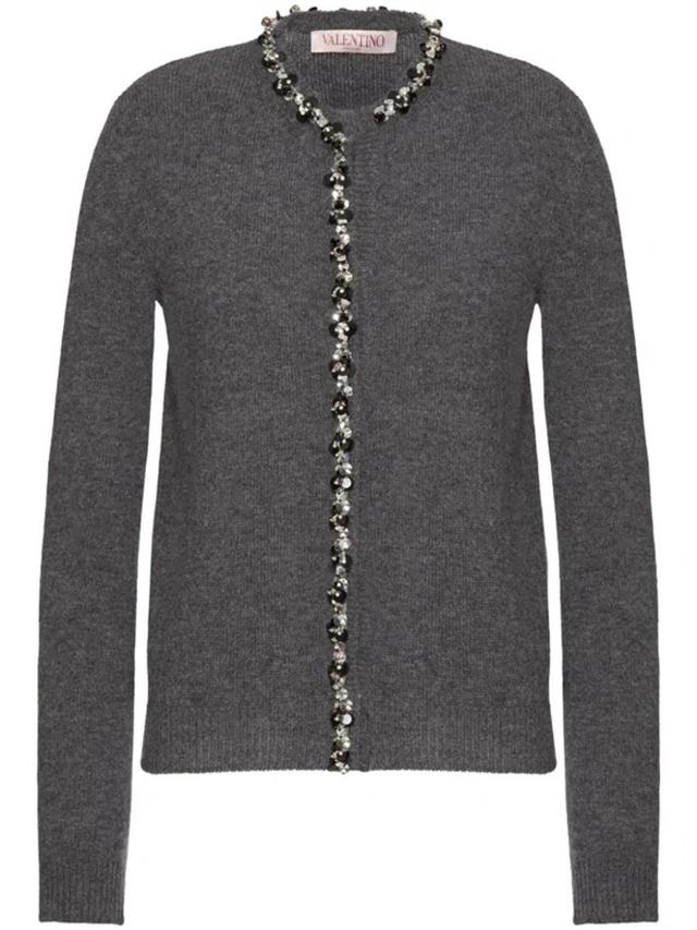 Wool Cardigan With Embroidered Trim In Grey Product Image