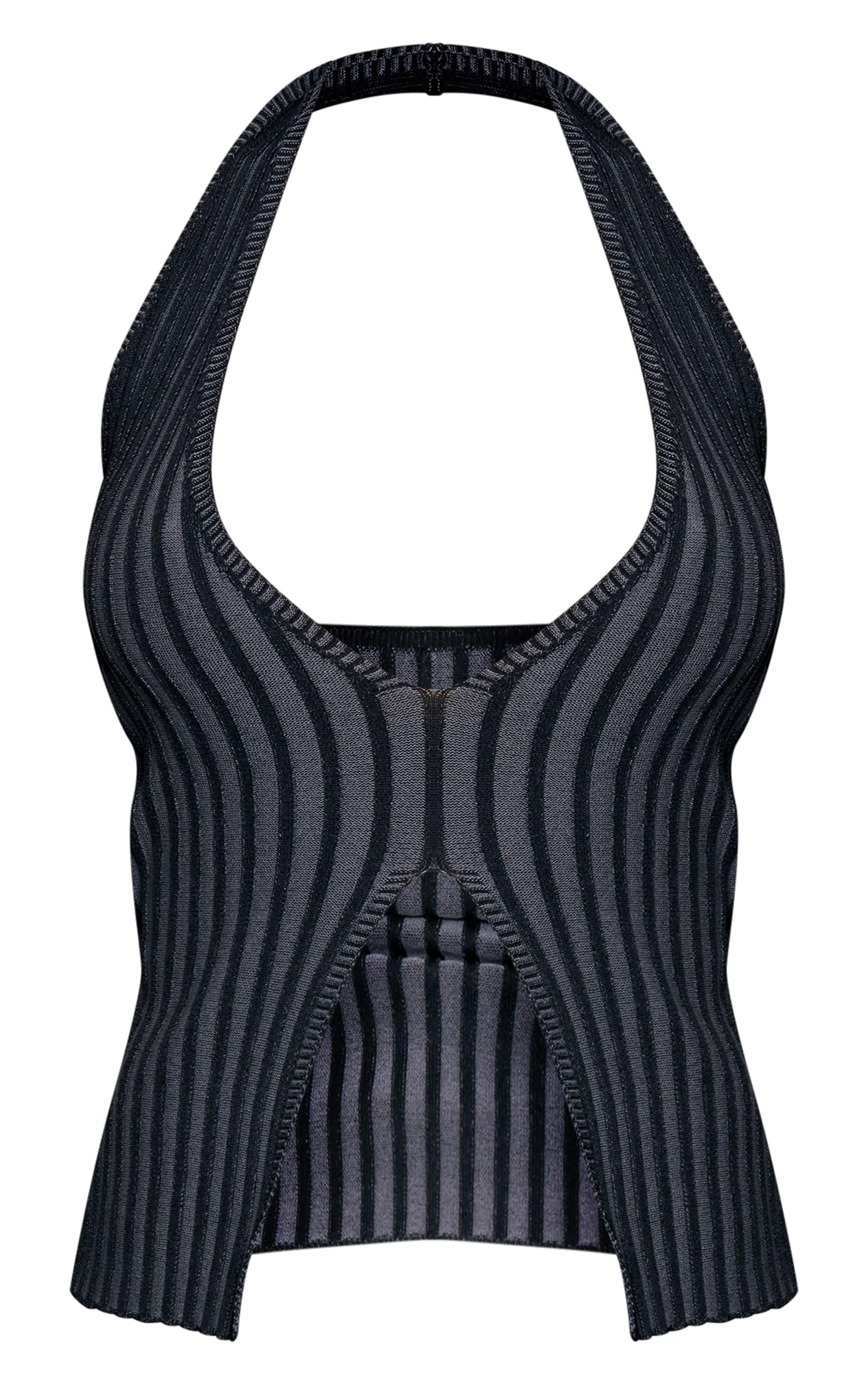 Black Two Tone Knit Halter Neck Split Top Product Image