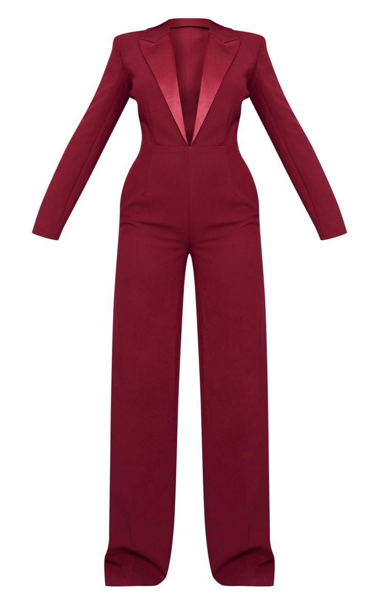 Burgundy Tailored Satin Lapel Straight Leg Jumpsuit Product Image