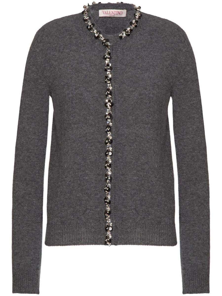 Wool Cardigan With Embroidered Trim In Grey Product Image