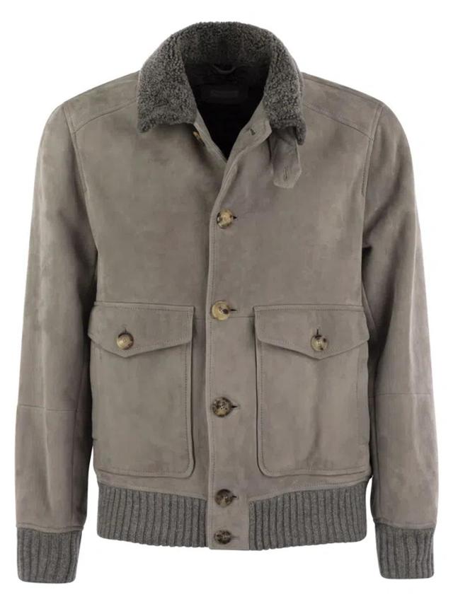 BRUNELLO CUCINELLI Sheepskin Bomber Jacket With Wool Details In Brown Product Image