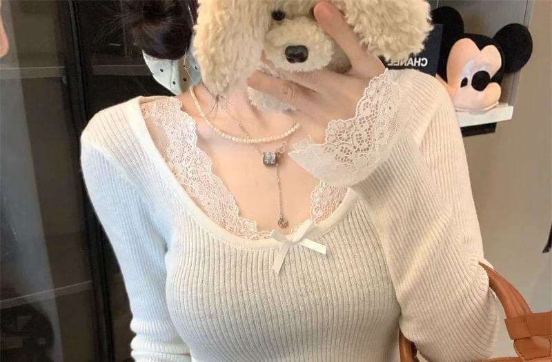 Mock Two-Piece Long-Sleeve Lace Trim Bow Ribbed Crop Knit Top Product Image