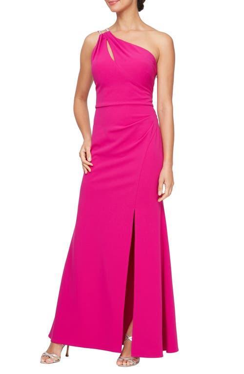 Alex Evenings Long Crepe One Shoulder Dress with Embellished Strap Detail (Fuchsia) Women's Dress Product Image