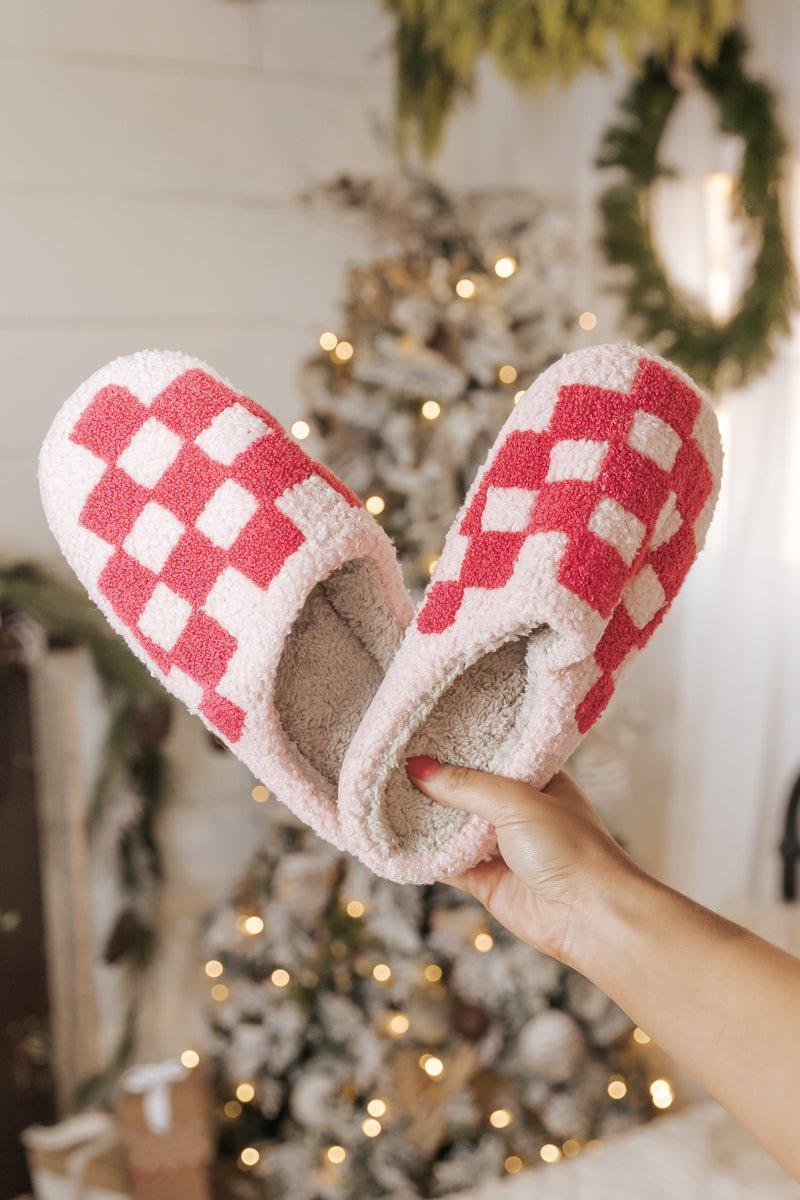 Pink Checkered Faux Plush Slippers Product Image