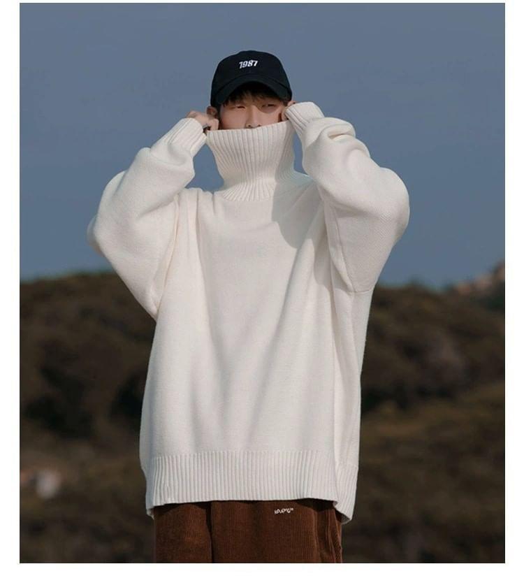 Turtleneck Plain Oversized Sweater Product Image