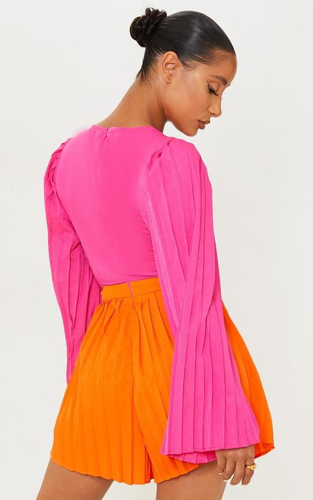 Hot Pink Contrast Twist Front Pleated Romper Product Image