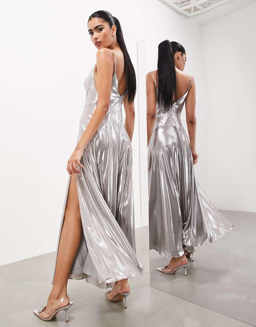 ASOS EDITION strappy cami paneled maxi dress in metallic silver Product Image