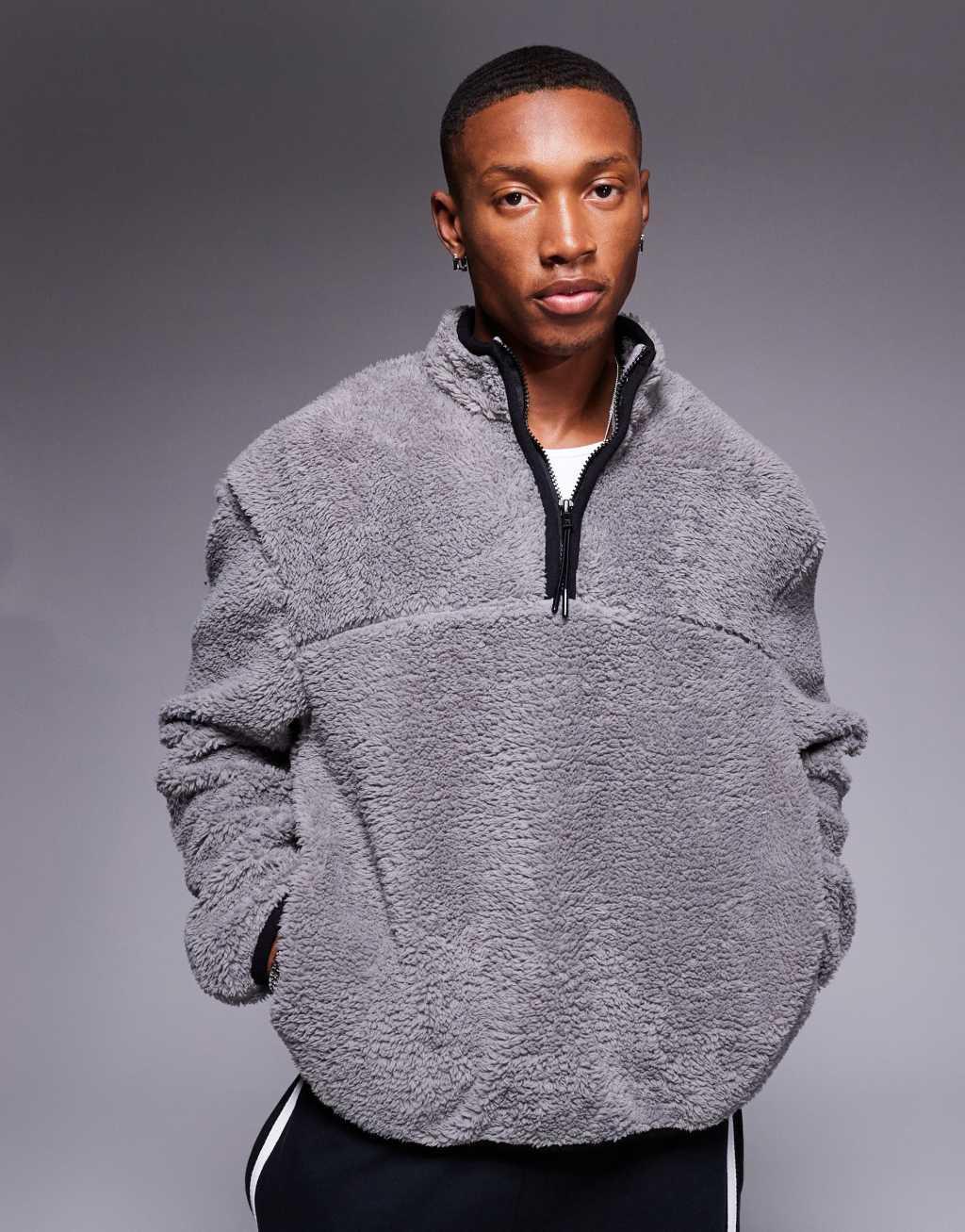 ASOS DESIGN boxy oversized half zip borg sweatshirt in gray Product Image