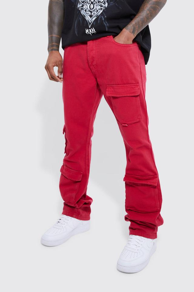 Mens Red Fixed Waist Skinny Stacked Cargo Trouser, Red Product Image