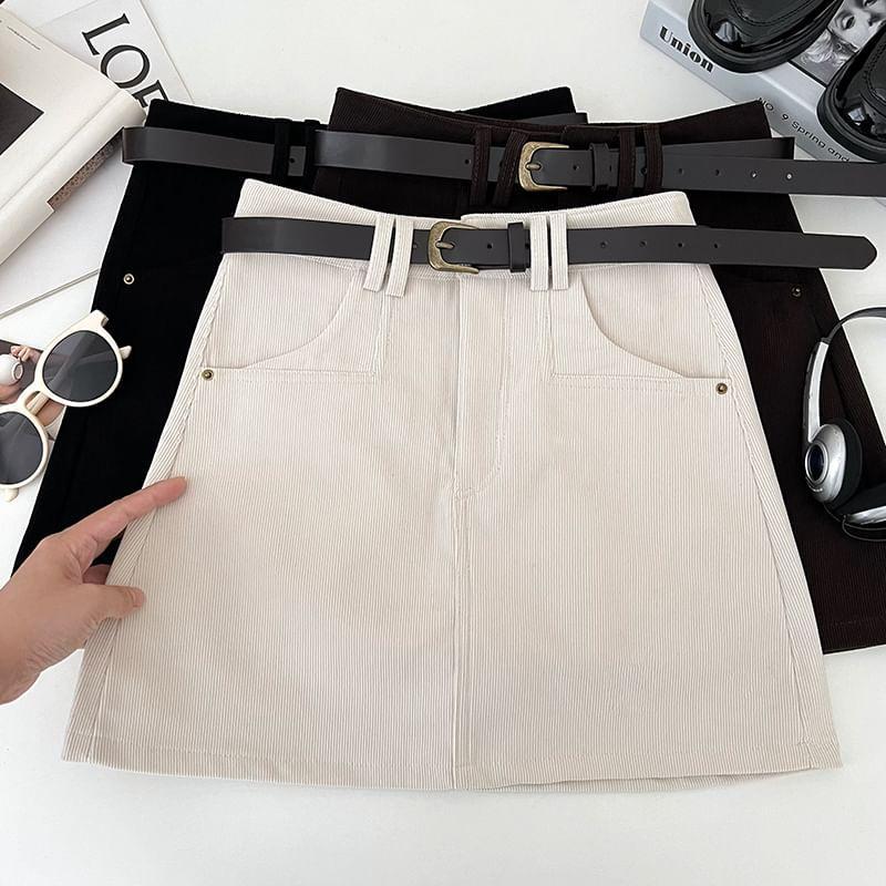 High Waist Plain Corduroy A-Line Mini Skirt With Belt Product Image