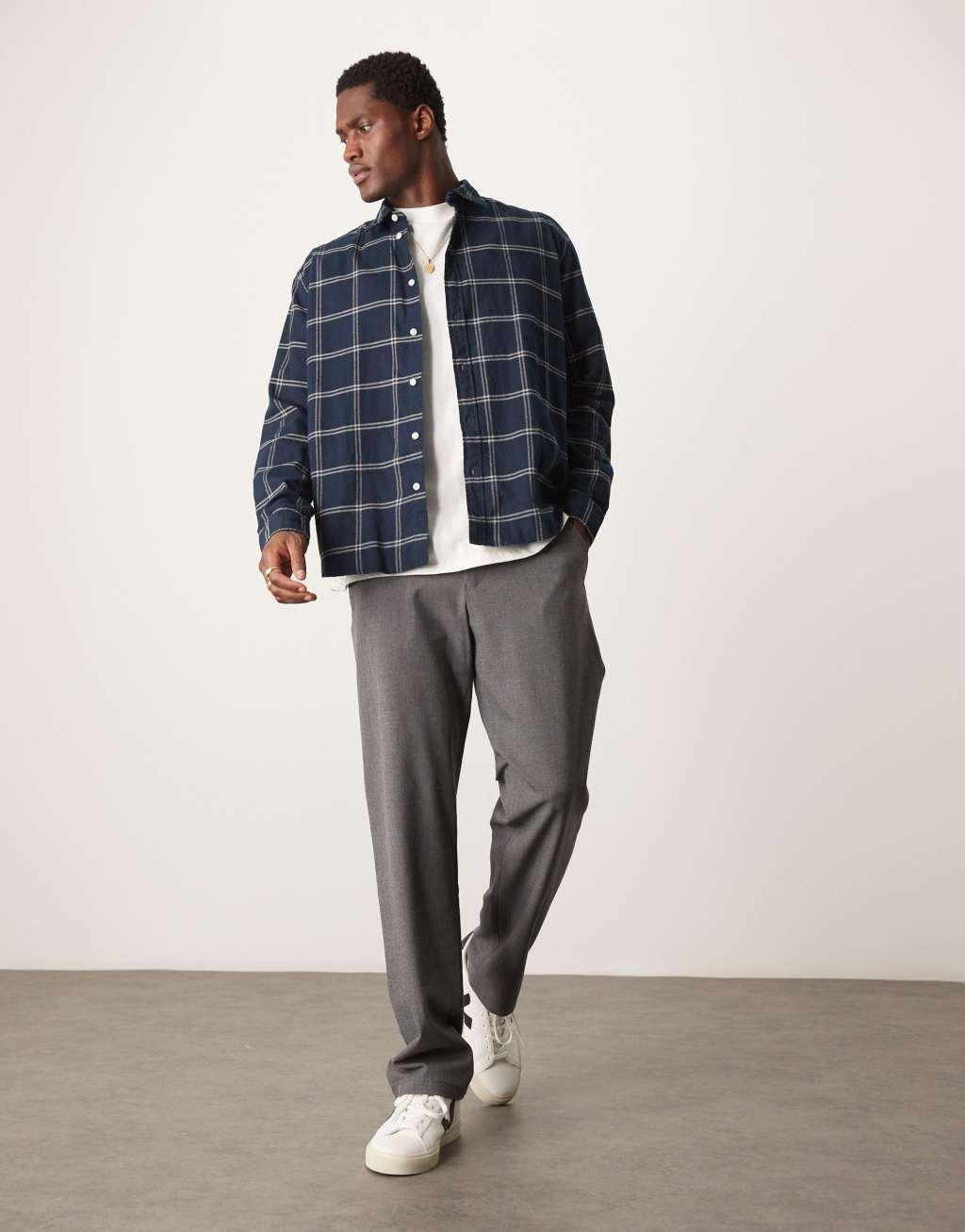 Selected Homme oversized boxy shirt in navy windowpane check Product Image